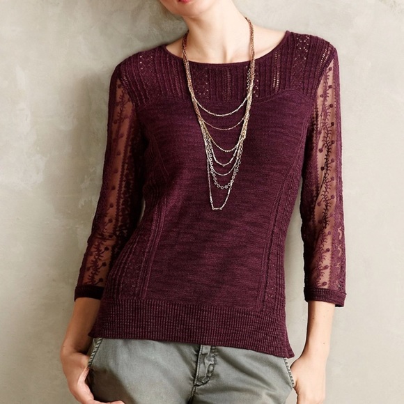 Anthropologie Tops - Anthropology Knitted & Knotted Surrey Top Womans Medium Plum Purple Lace Sleeves